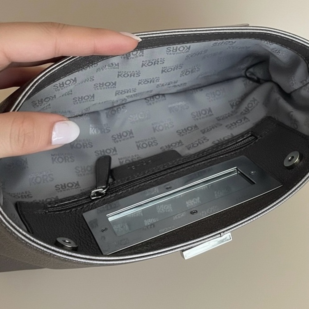 Michael Kors Pewter Metallic Leather Evening Clutch Silver Hardware Handle Bag - Picture 3 of 7